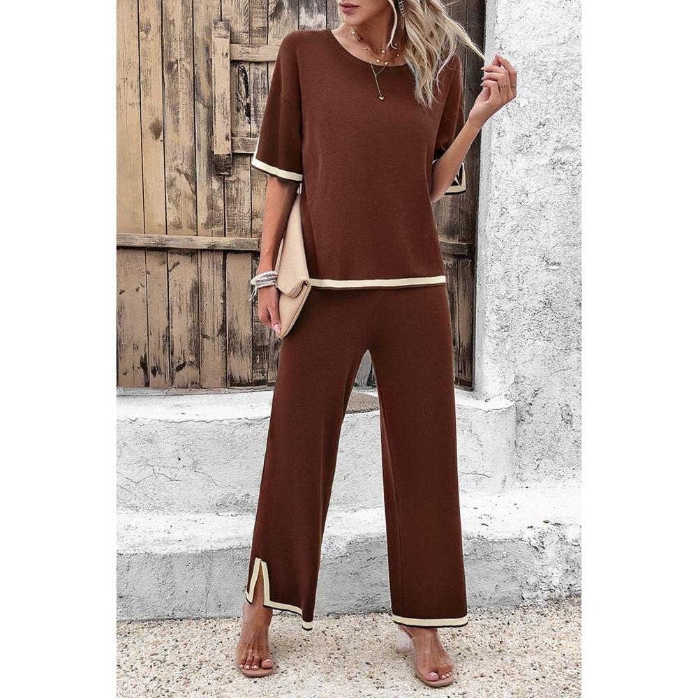 Two Pieces Outfits Knit Short Sleeve Wide Leg Lounge Sets - Picture 9 of 13